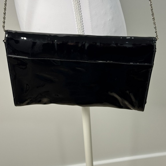 Vintage Black Patent Finish Vinyl Envelope Clutch Handbag Chain Strap - Picture 4 of 16